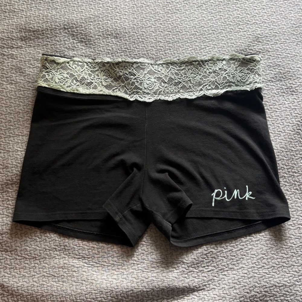Victoria's Secret PINK Yoga Shorts Black Mint Green Lace Waistband Size Large